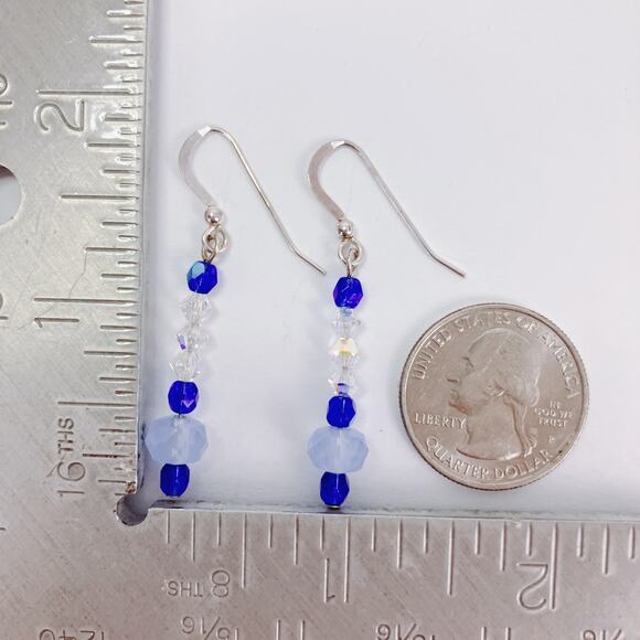 Vintage Artisan Sterling Silver Swarovski Blue Crystal Dangle Earrings Handmade - Picture 10 of 10